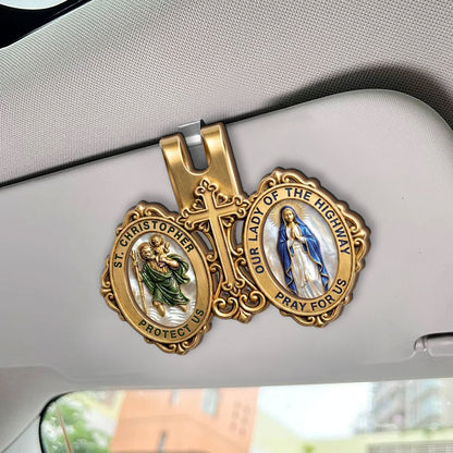 St. Christopher and Mary car visor clip installed on car sun visor