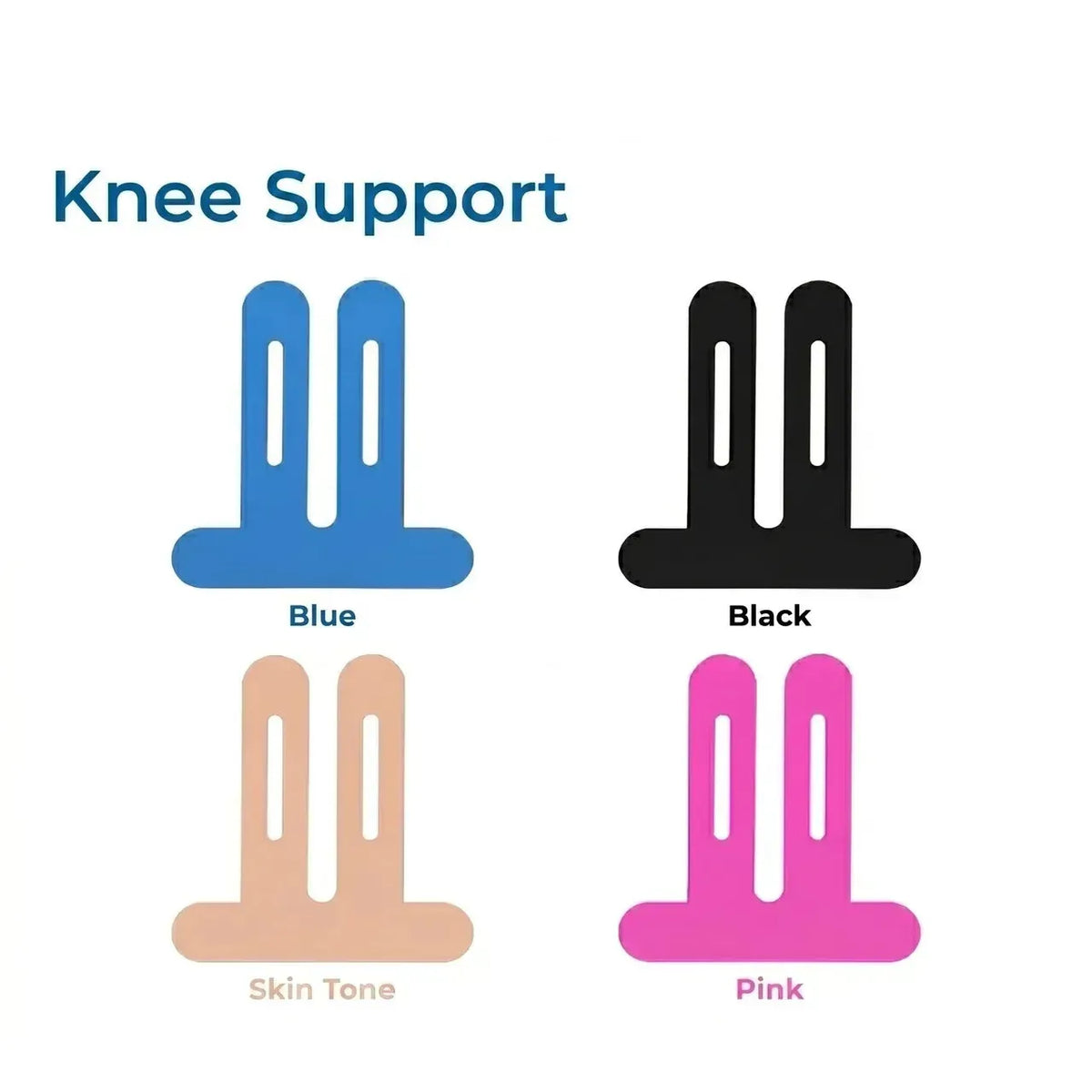 Pre-cut knee tape color options — Blue, Black, Skin Tone, Pink