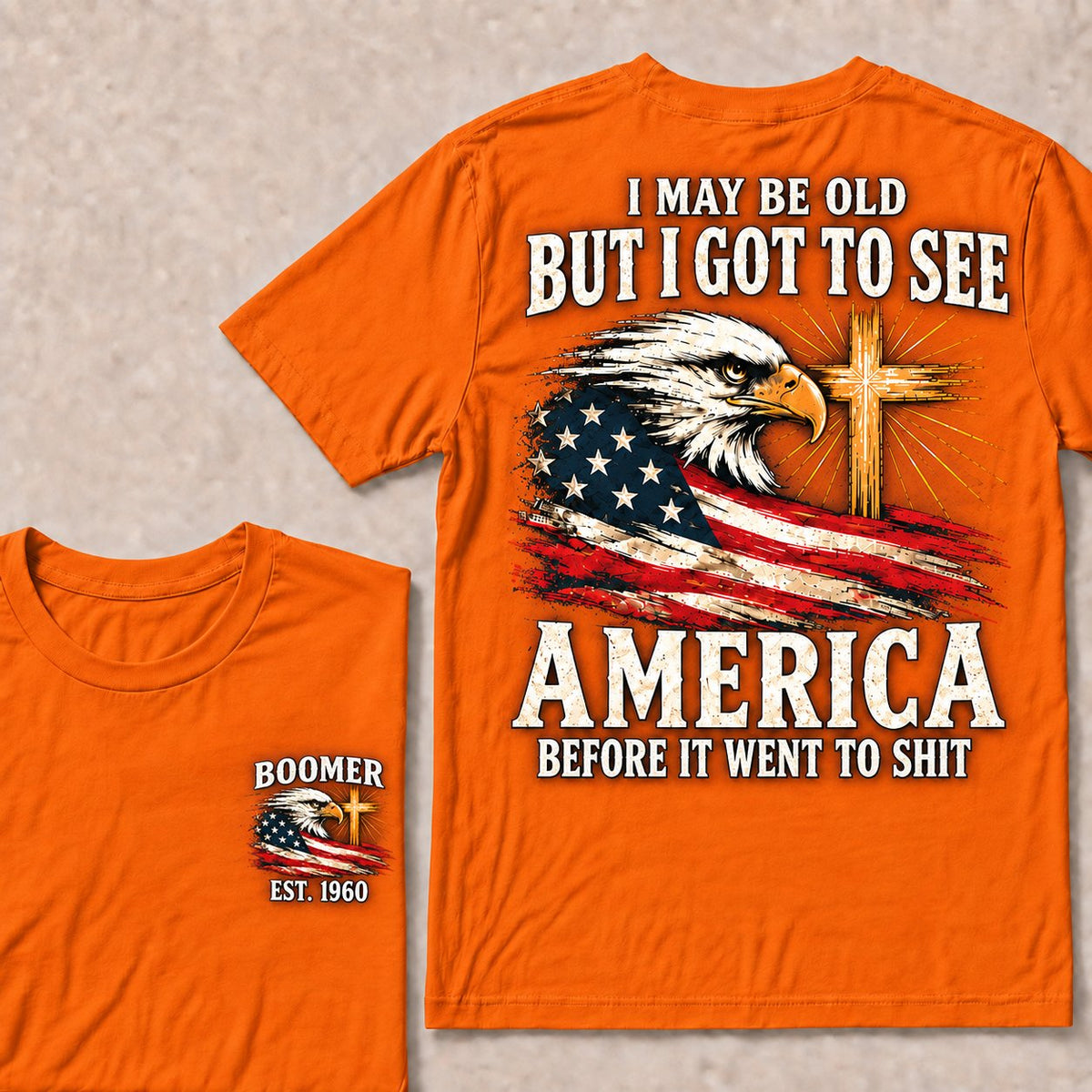 Orange Boomer graphic T-shirt with vintage eagle, USA flag and cross, front and back