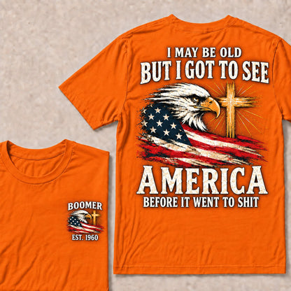 Orange Boomer graphic T-shirt with vintage eagle, USA flag and cross, front and back