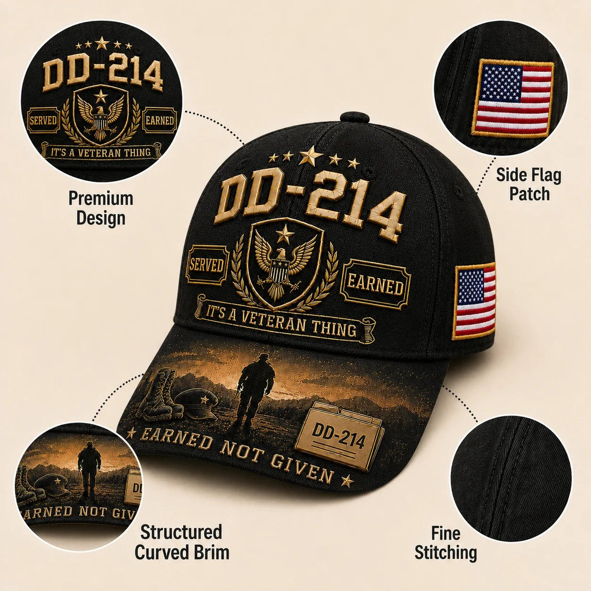 DD-214 veteran cap feature callouts — premium design, side flag patch, structured curved brim, fine stitching