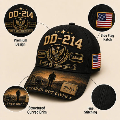 DD-214 veteran cap feature callouts — premium design, side flag patch, structured curved brim, fine stitching