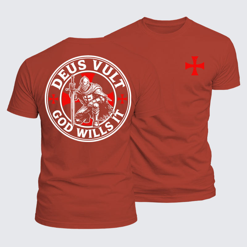 Deus Vult Knights Templar cross tee in brick red — Christian crusader apparel