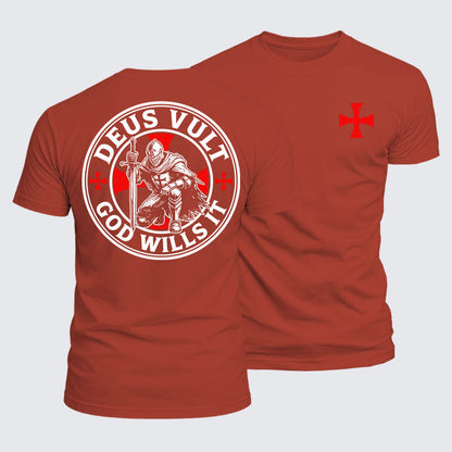 Deus Vult Knights Templar cross tee in brick red — Christian crusader apparel