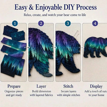 Easy four-step DIY process guide for patchwork art kit prepare layer stitch display