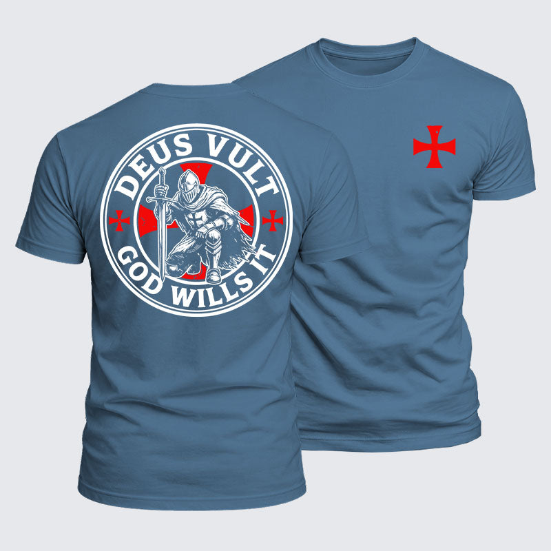 Deus Vult Knights Templar cross tee in ocean blue — mercerized cotton faith tee