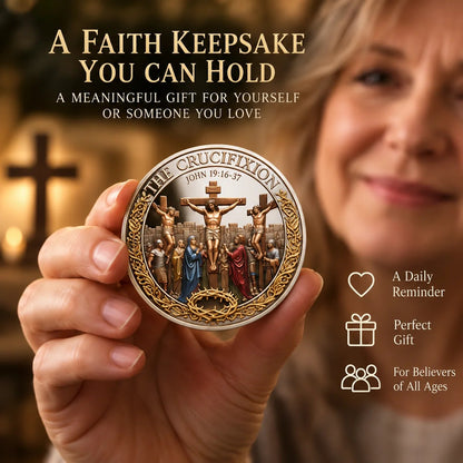 Christian commemorative coin held in the hand as a faith keepsake