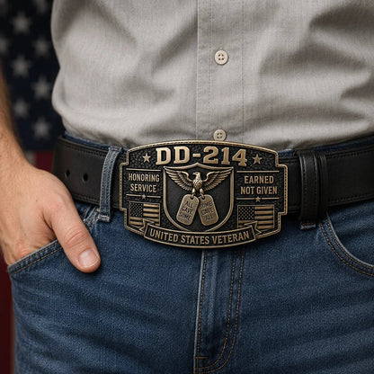DD-214 Veteran Honor Belt Buckle worn on jeans belt
