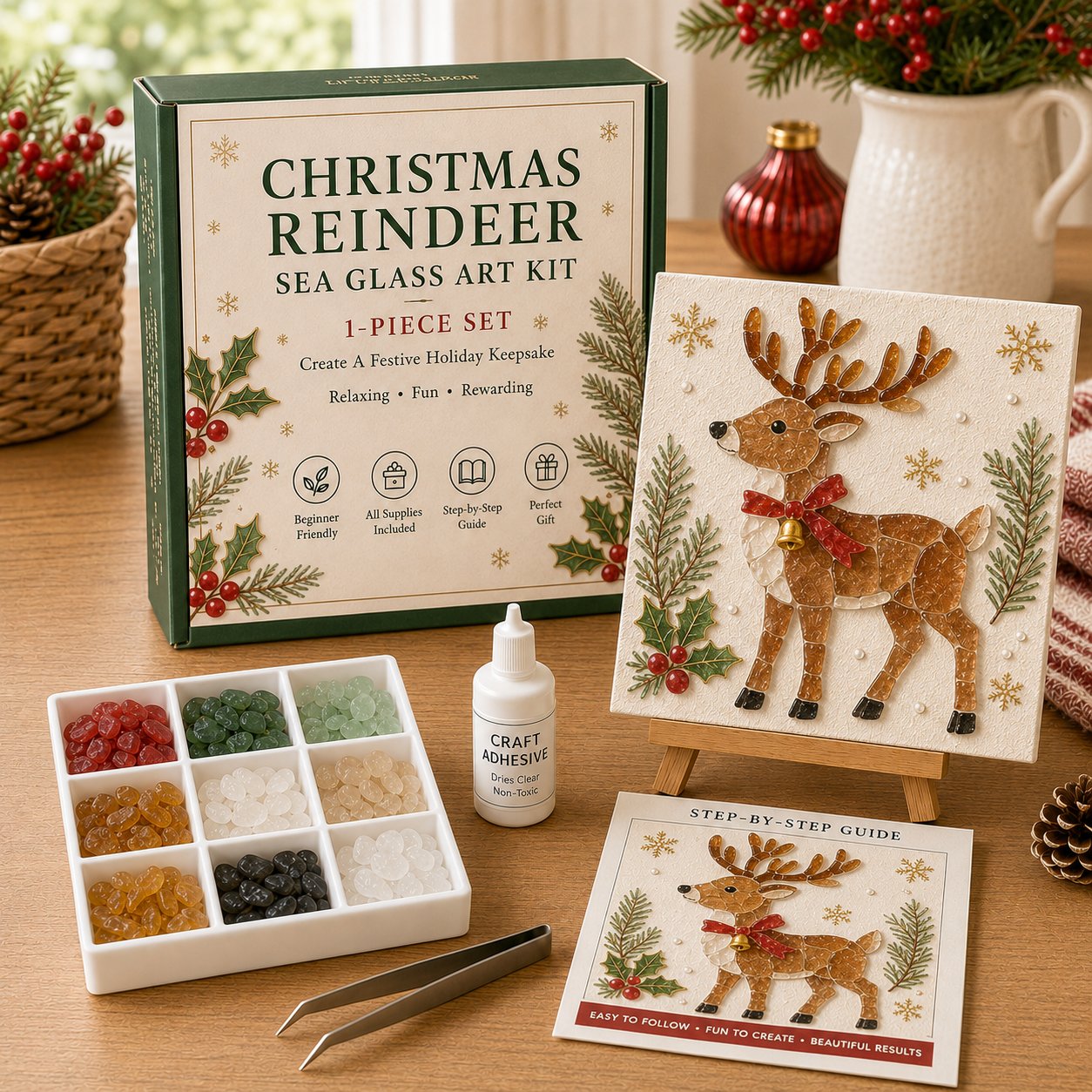 Christmas reindeer sea glass art DIY kit with frame and tools