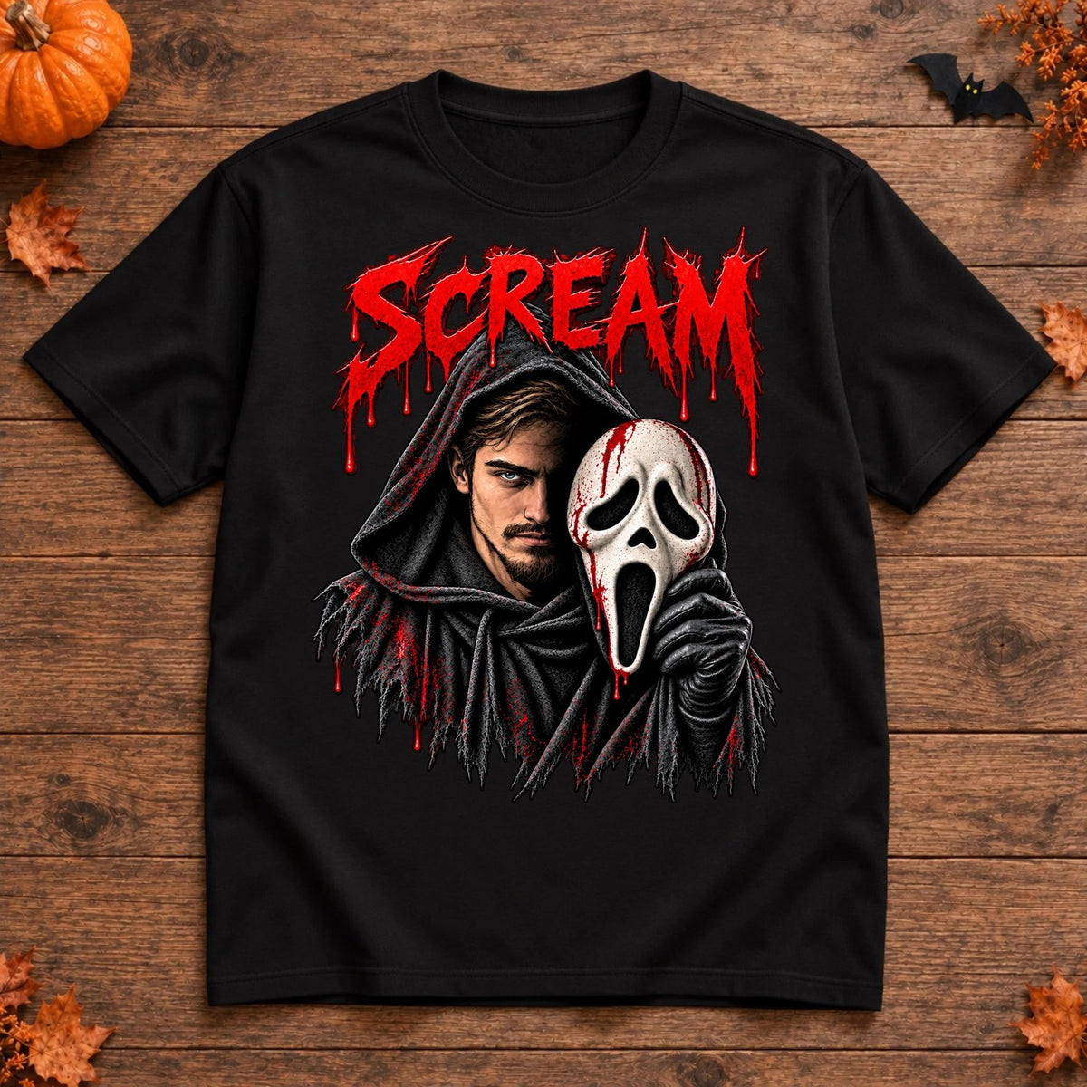 Personalized photo horror mask Halloween T-shirt in black
