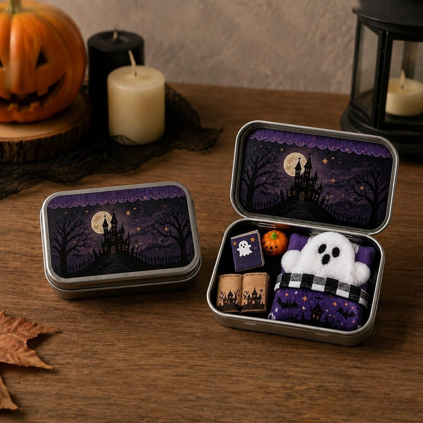 Bats and Castle Halloween mini tin box moonlit haunted scene