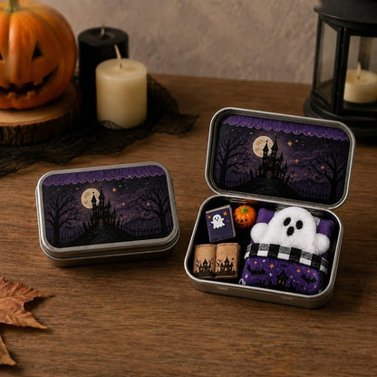 Bats and Castle Halloween mini tin box moonlit haunted scene