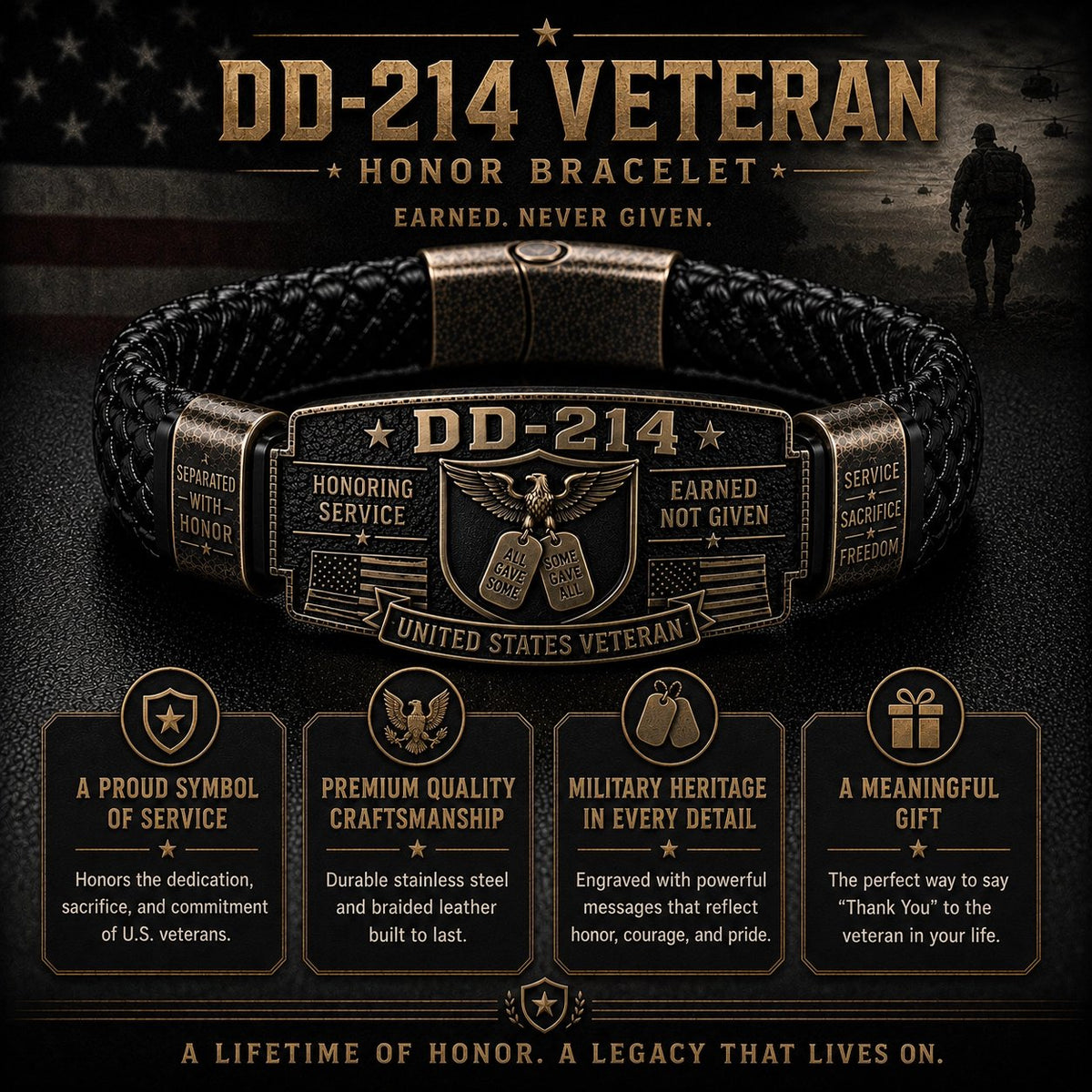 DD-214 Veteran Honor Bracelet — Earned, Never Given, a meaningful gift for veterans