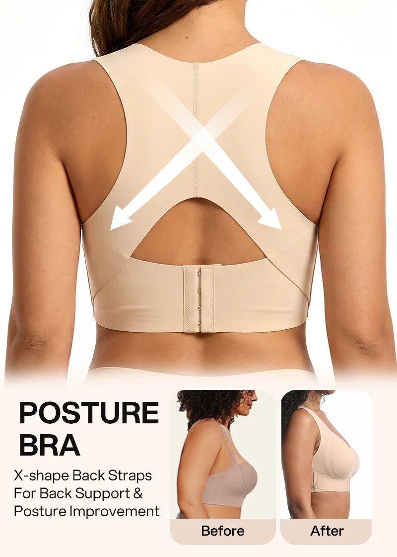 Wireless posture support bra back construction
