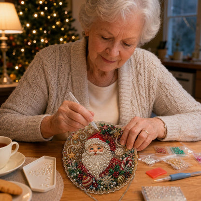 Grandmother relaxing DIY pearl diamond art Christmas ornament at table