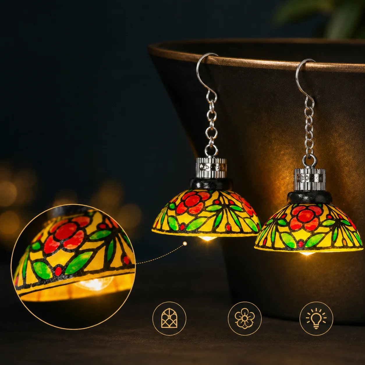 Vintage stained-glass chandelier earrings design close-up with feature icons