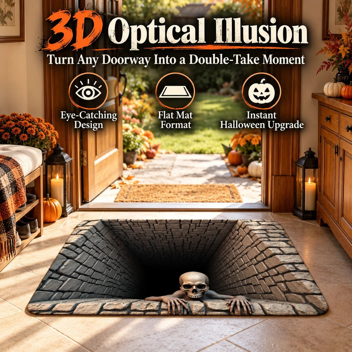 3D optical illusion Halloween doormat turning a doorway into a pit