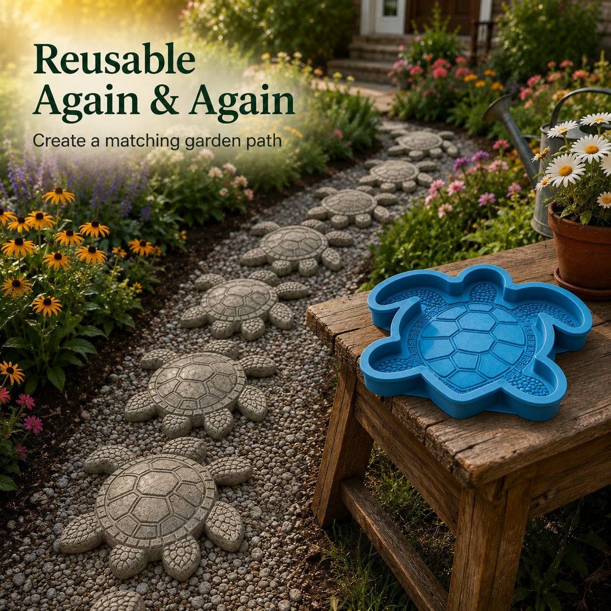 Reusable stepping stone mold with garden pathway of sea turtles