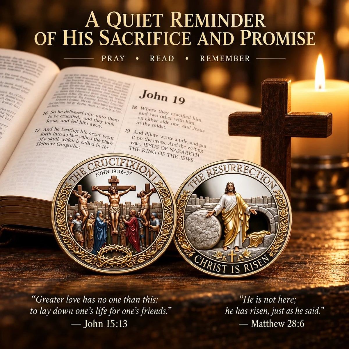 Crucifixion and Resurrection coin beside a Bible for devotional reflection