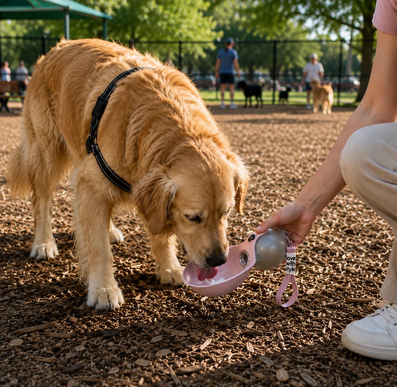 Golden retriever drinking water from the foldable bowl on a walk