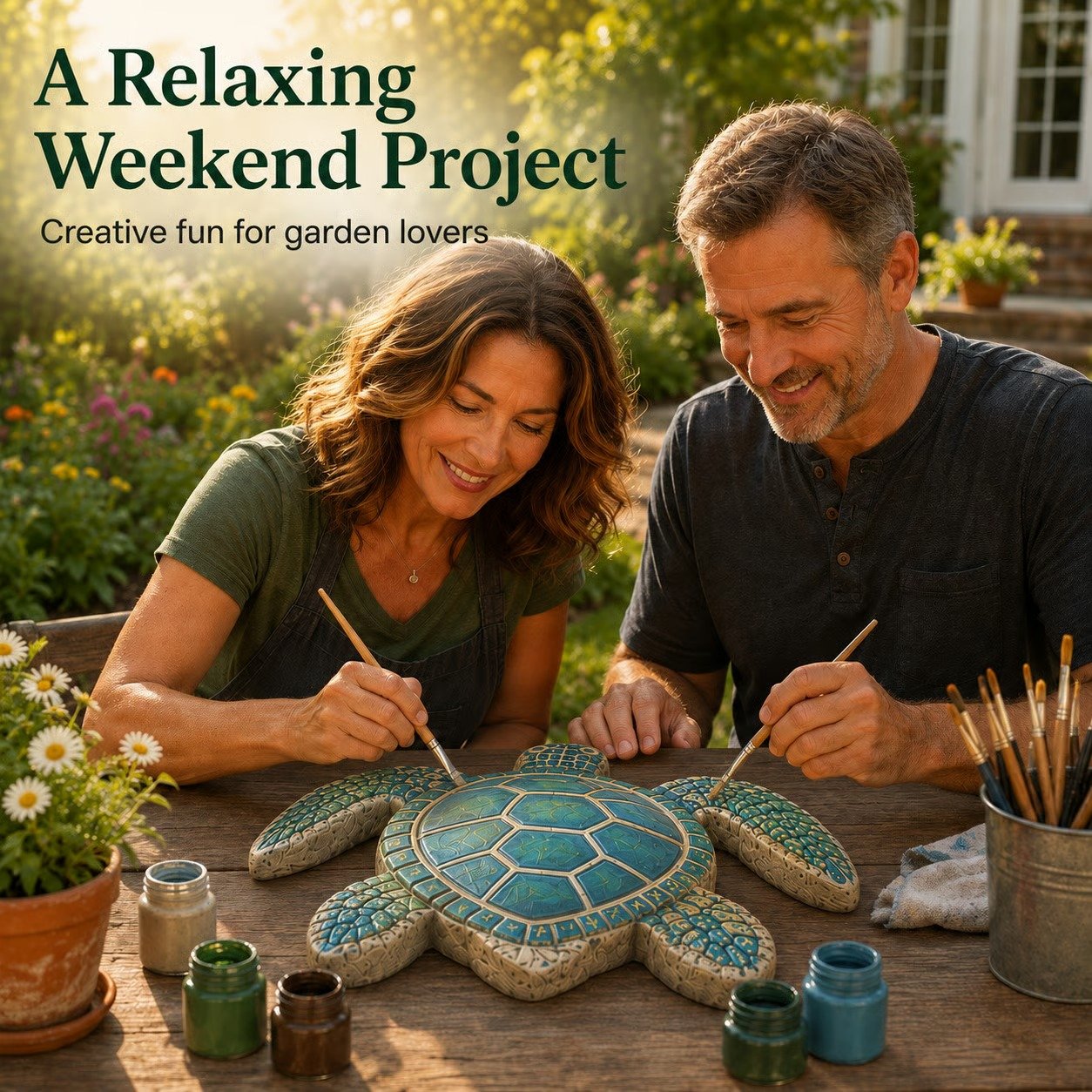 Couple painting sea turtle stepping stones together outdoors