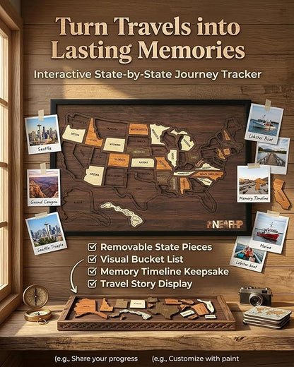 Wooden USA Travel Map Puzzle - 50 State Wall Tracker with Sticker Set