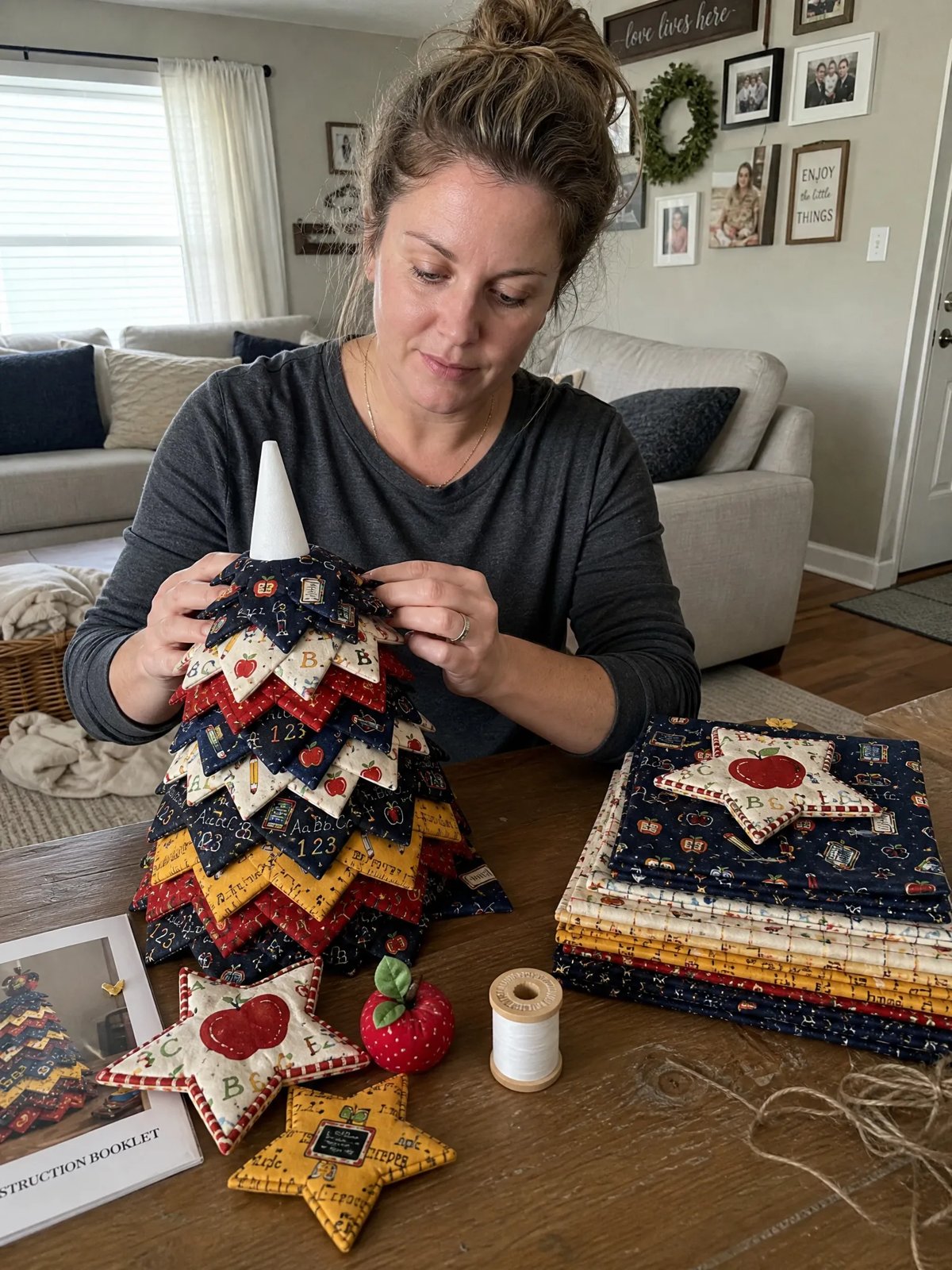 Woman assembling Back-to-School quilt tree with layered star topper