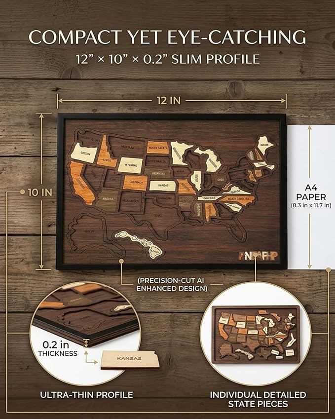 Wooden USA Travel Map Puzzle - 50 State Wall Tracker with Sticker Set