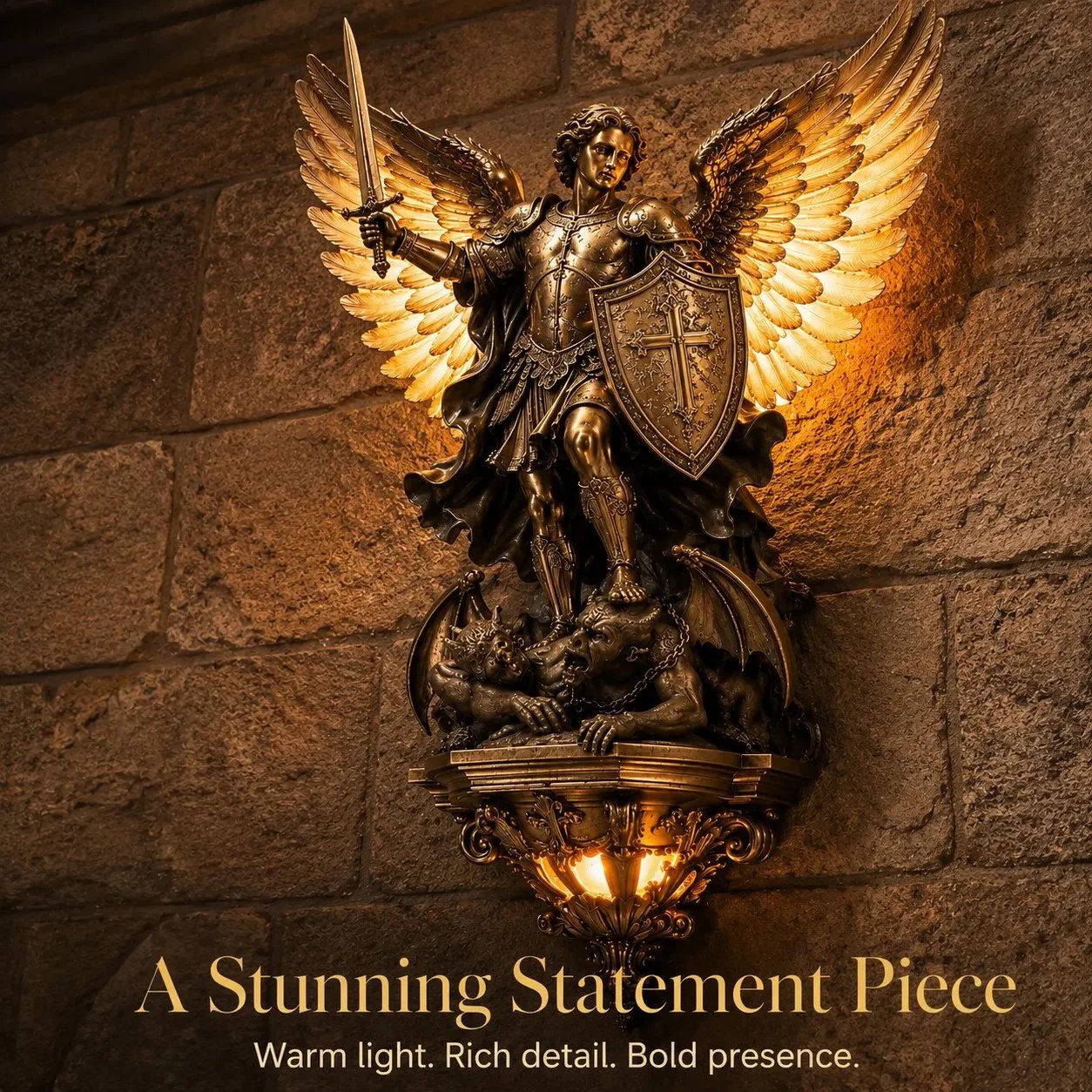 St. Michael Guardian Angel wall light — a stunning statement piece with warm glow