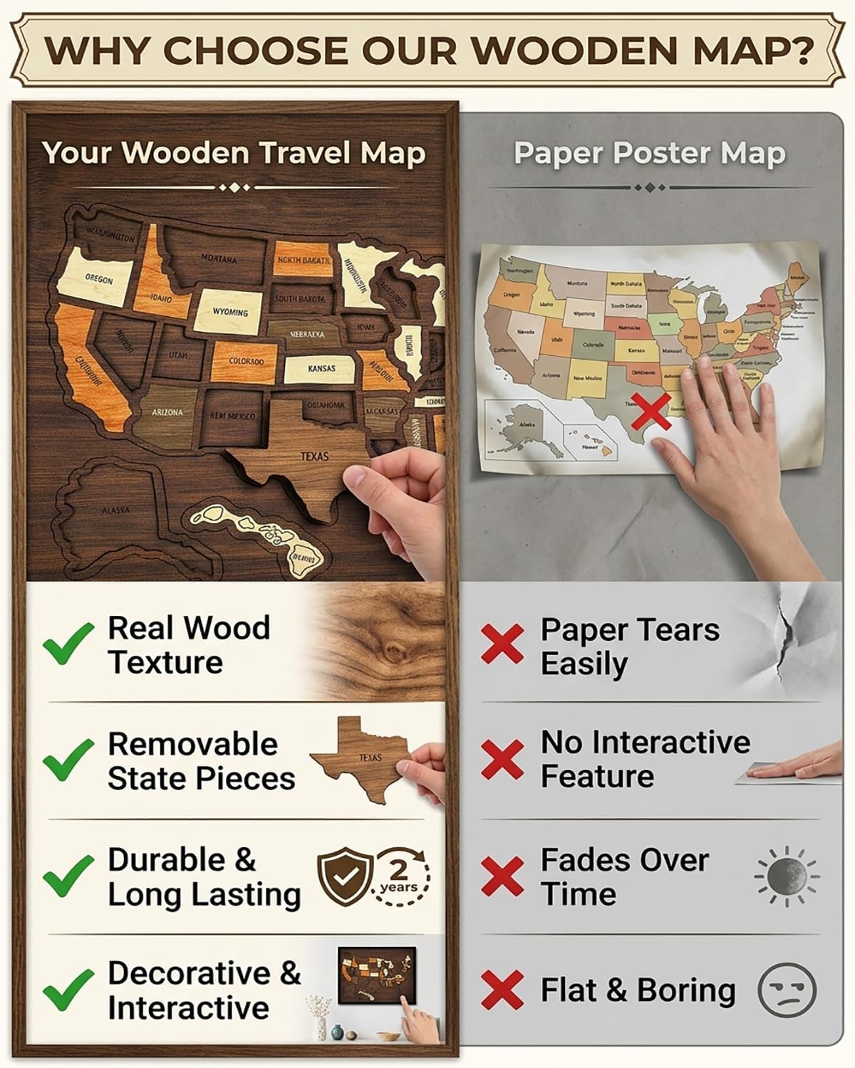 Wooden USA Travel Map Puzzle - 50 State Wall Tracker with Sticker Set
