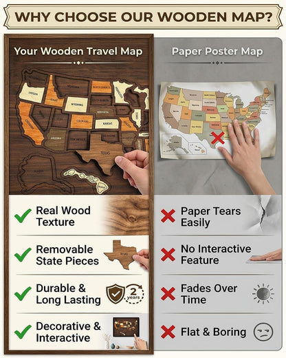 Wooden USA Travel Map Puzzle - 50 State Wall Tracker with Sticker Set
