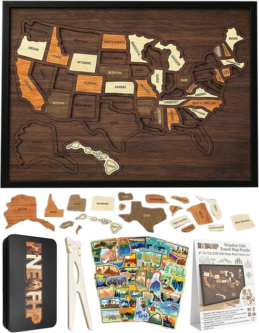 Wooden USA Travel Map Puzzle - 50 State Wall Tracker with Sticker Set