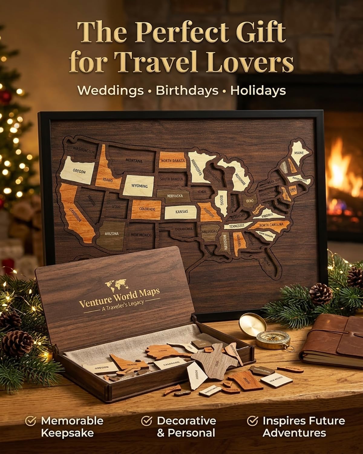 Wooden USA Travel Map Puzzle - 50 State Wall Tracker with Sticker Set