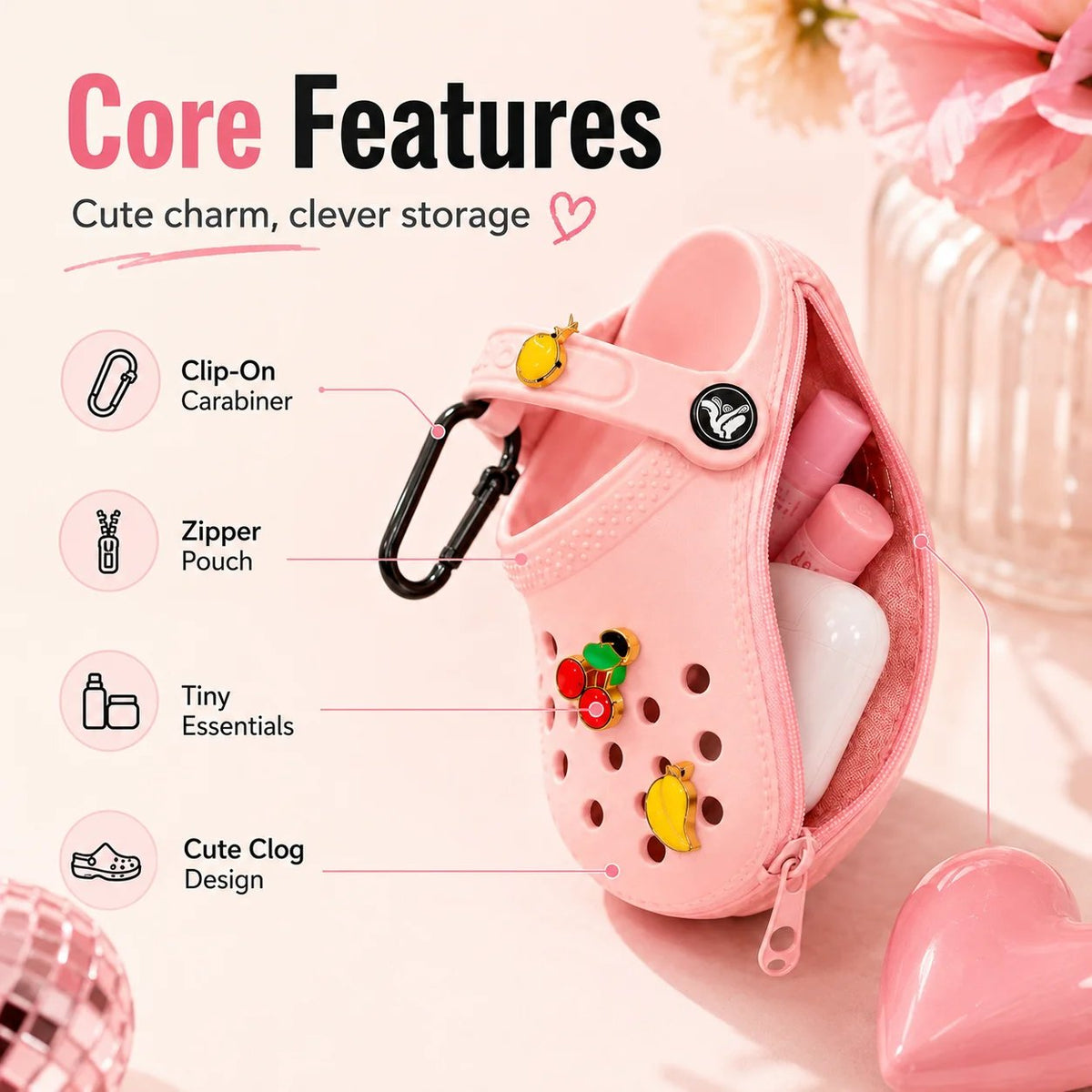 Mini clog bag charm pouch core features carabiner clip zipper storage diagram
