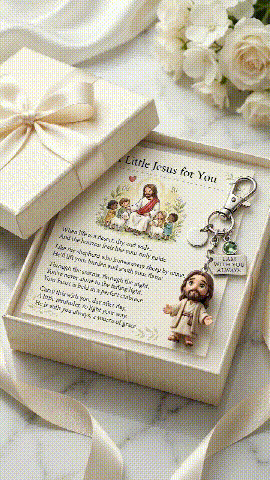 Animated close-up showing the Little Jesus keychain craftsmanship details