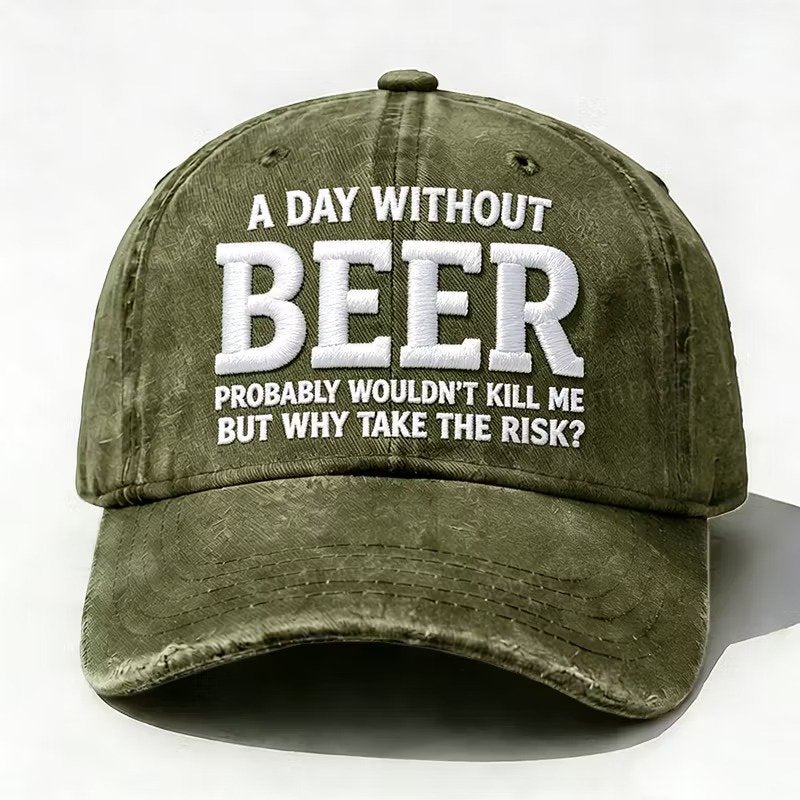 Olive embroidered Why Take the Risk beer hat with curved brim
