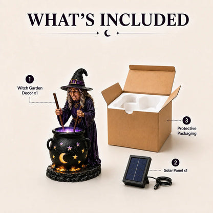 What’s included — witch cauldron statue plus solar panel in gift box