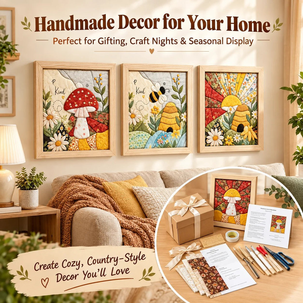 Handmade fabric wall art displayed as home decor across a shelf wall