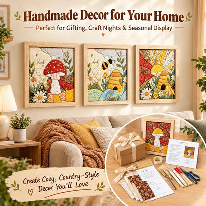 Handmade fabric wall art displayed as home decor across a shelf wall
