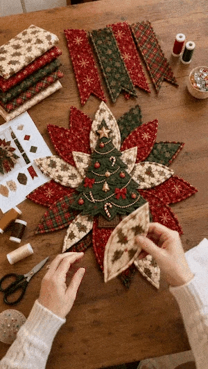 Animated demo of quilted fabric layers being assembled for Christmas door hanging