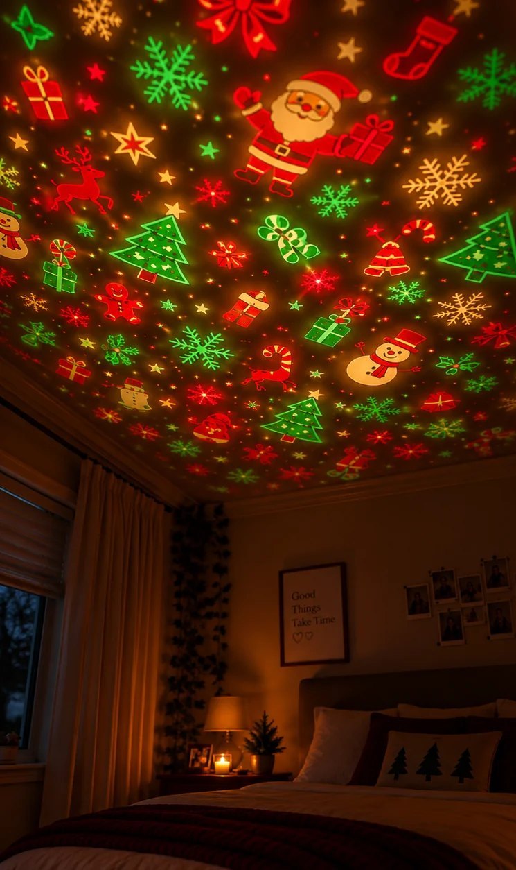 Christmas icons projected across a bedroom ceiling