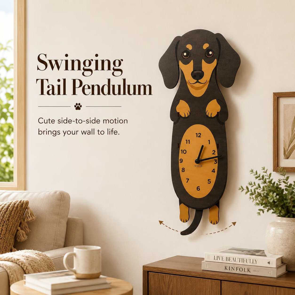 Swinging tail pendulum dachshund wooden wall clock in living room