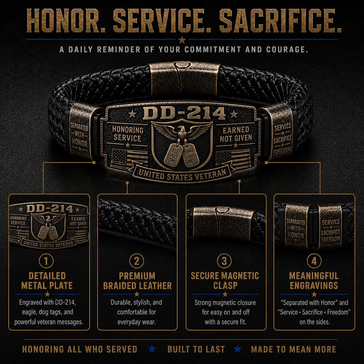 DD-214 bracelet craftsmanship — engraved metal plate, braided leather, magnetic clasp, meaningful engravings