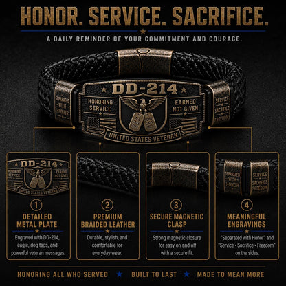 DD-214 bracelet craftsmanship — engraved metal plate, braided leather, magnetic clasp, meaningful engravings