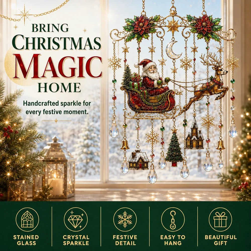 Bring Christmas Magic Home stained glass window hanging feature poster