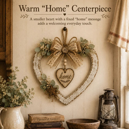 Warm home centerpiece heart wreath with home message detail