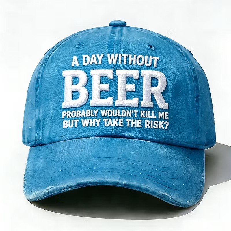 Blue embroidered Why Take the Risk beer hat with curved brim