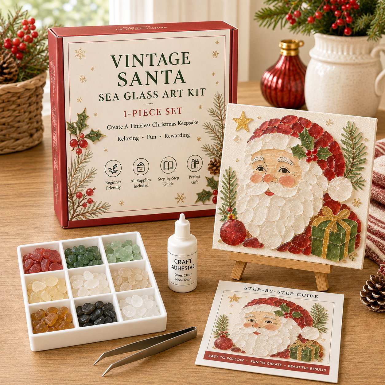 Vintage Santa Christmas sea glass art DIY kit with materials