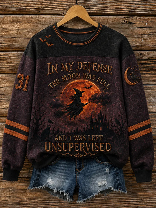Halloween witch sweatshirt with full moon, bats, black cat and raven all-over print