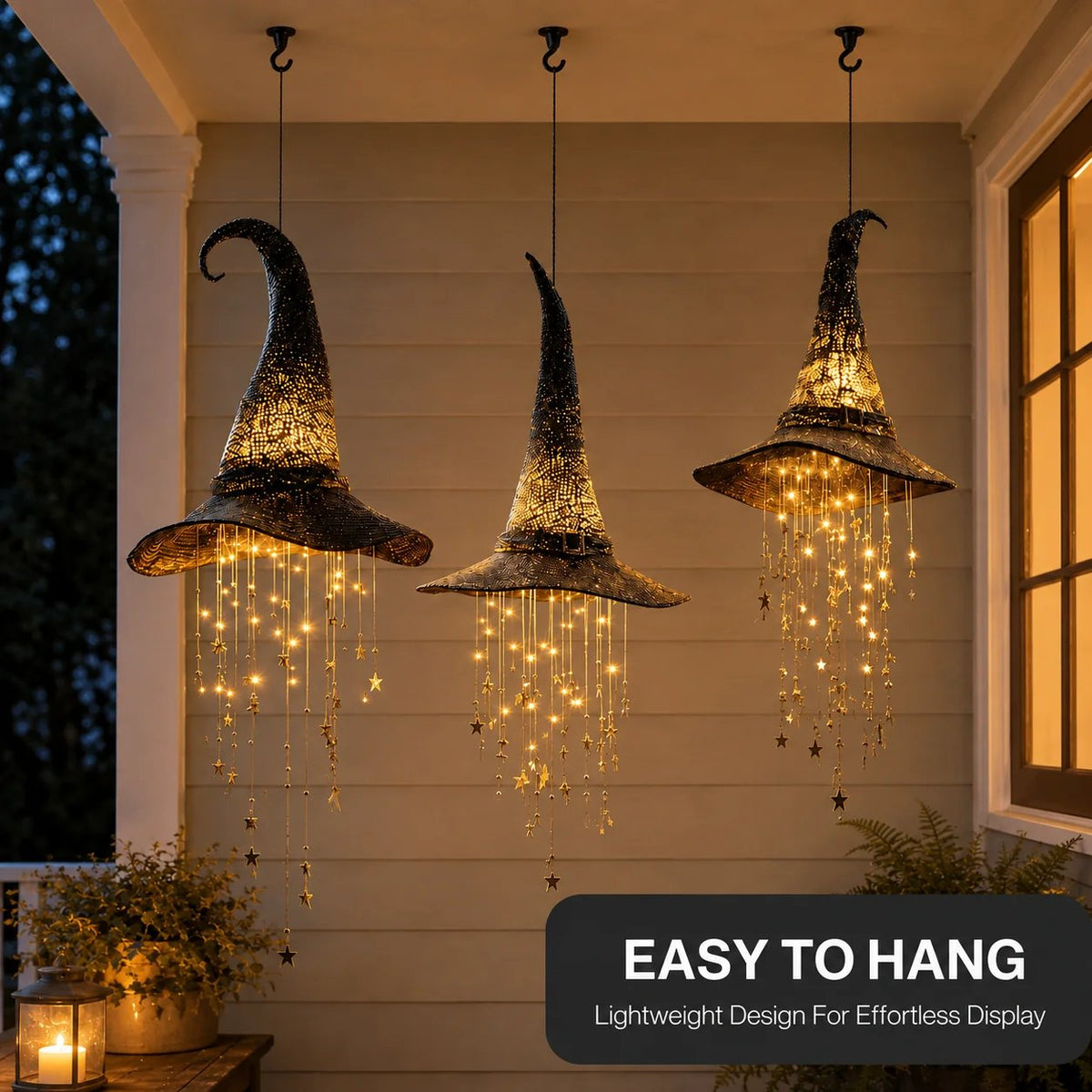 Easy to hang lightweight lighted witch hat chime for effortless Halloween display